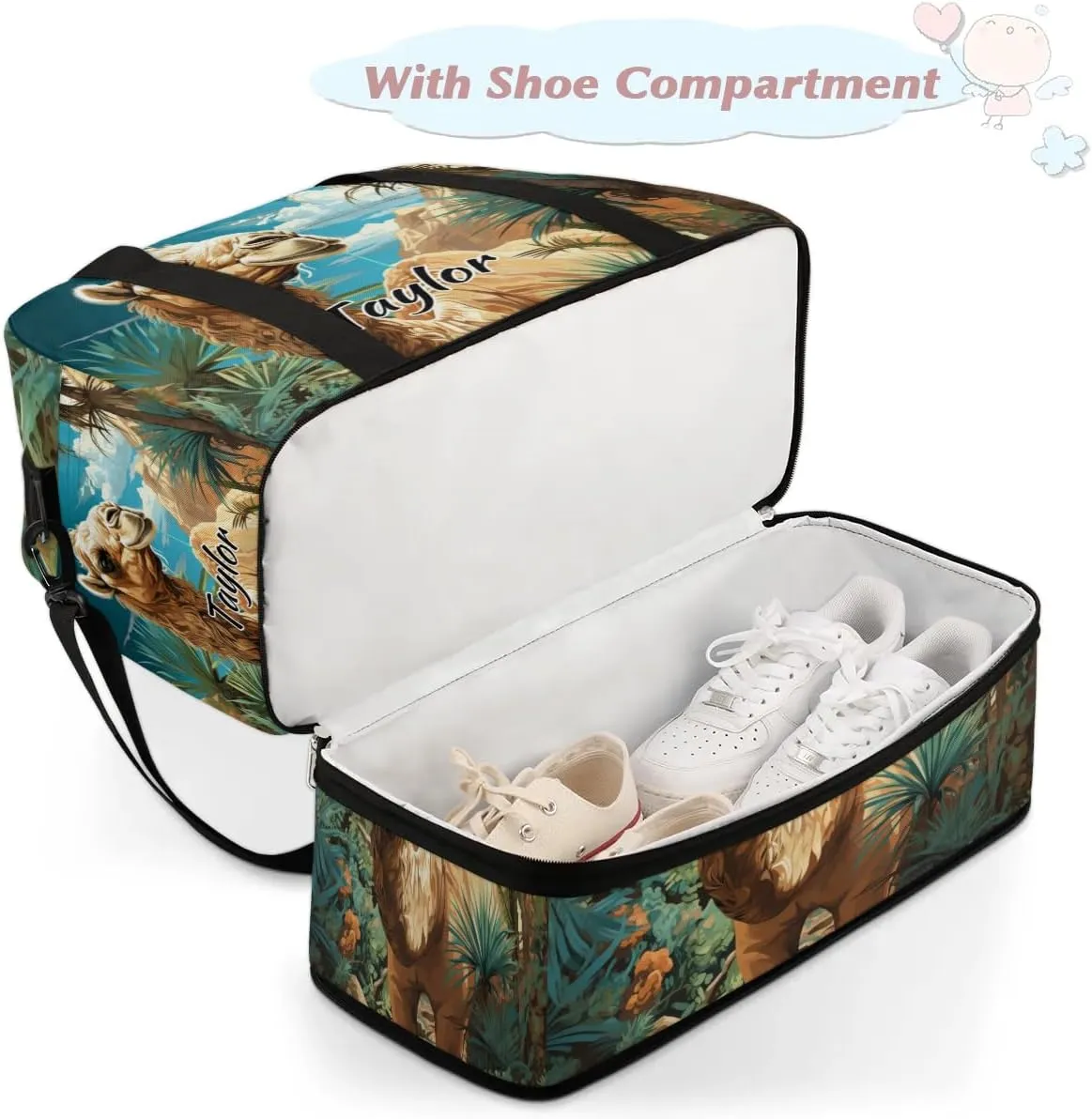 Personalized Duffel Bag with Name, Custom Tropical Camels Travel Sports Gym Yoga Beach Bag Customized Weekender Overnight Bag with Shoes Compartment for Women, Animal