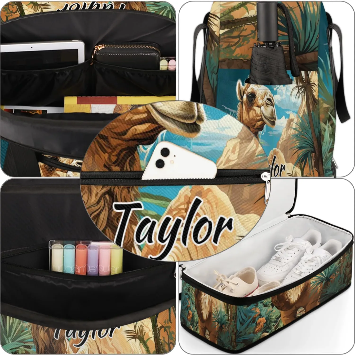 Personalized Duffel Bag with Name, Custom Tropical Camels Travel Sports Gym Yoga Beach Bag Customized Weekender Overnight Bag with Shoes Compartment for Women, Animal