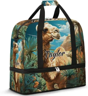 Personalized Duffel Bag with Name, Custom Tropical Camels Travel Sports Gym Yoga Beach Bag Customized Weekender Overnight Bag with Shoes Compartment for Women, Animal