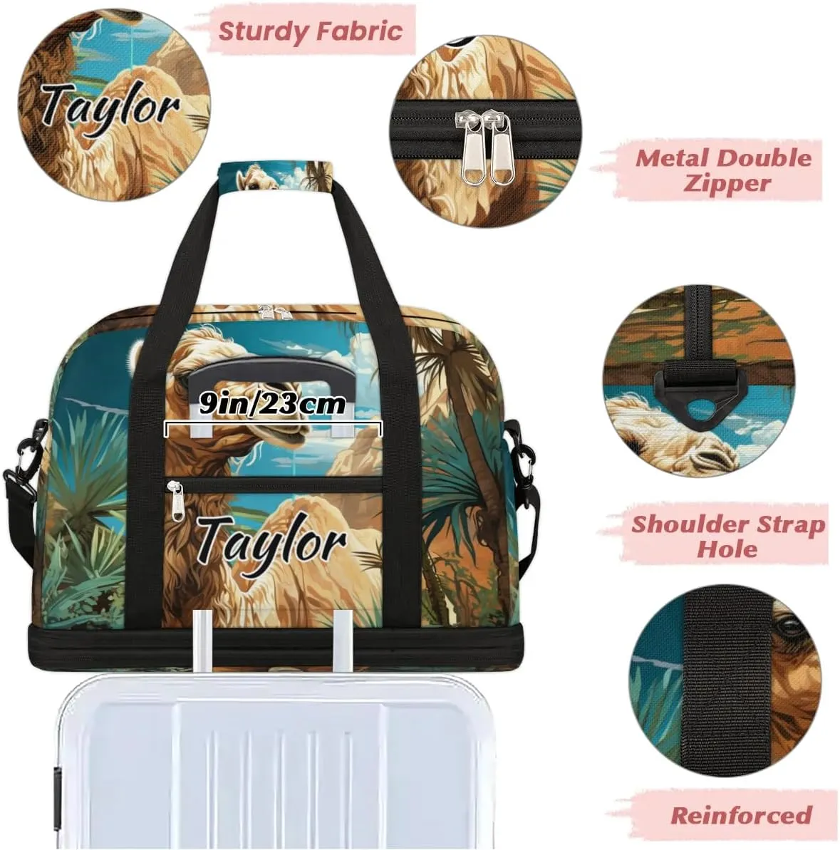 Personalized Duffel Bag with Name, Custom Tropical Camels Travel Sports Gym Yoga Beach Bag Customized Weekender Overnight Bag with Shoes Compartment for Women, Animal