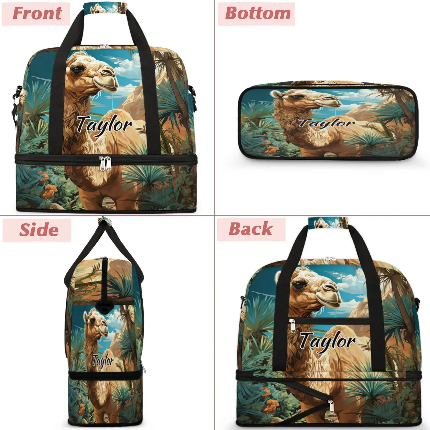 Personalized Duffel Bag with Name, Custom Tropical Camels Travel Sports Gym Yoga Beach Bag Customized Weekender Overnight Bag with Shoes Compartment for Women, Animal