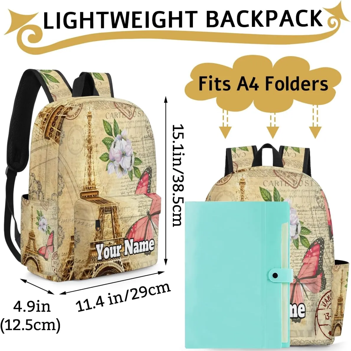 Personalized Eiffel Tower Preschool Toddler Backpack for Boys Girls Custom Kids Name Small Bookbags Kindergarten Elementary Backpack, Butterfly Flower