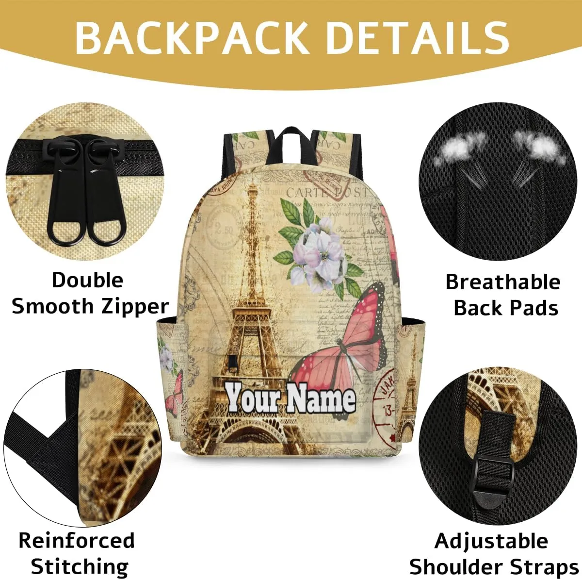 Personalized Eiffel Tower Preschool Toddler Backpack for Boys Girls Custom Kids Name Small Bookbags Kindergarten Elementary Backpack, Butterfly Flower