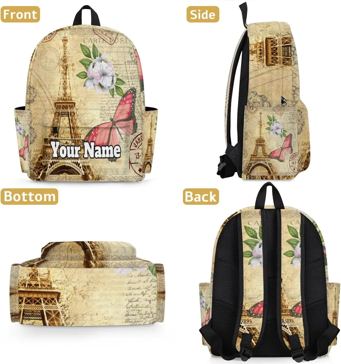 Personalized Eiffel Tower Preschool Toddler Backpack for Boys Girls Custom Kids Name Small Bookbags Kindergarten Elementary Backpack, Butterfly Flower