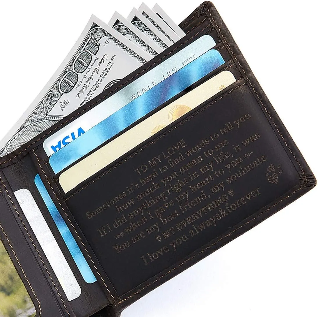 Personalized Engraved Bifold Wallet for Men - Custom Logo Name Leather Wallet for Husband Boyfriend Dad Son - Graduation Christmas Fathers Day Valentines Birthday Anniversary Wedding Adult Gift
