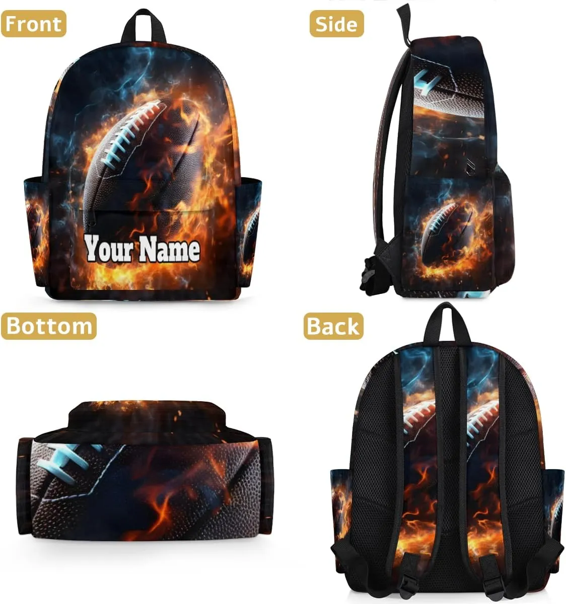 Personalized Fire Rugby Preschool Toddler Backpack for Boys Girls Custom Kids Name Small Bookbags Kindergarten Elementary Backpack, Football