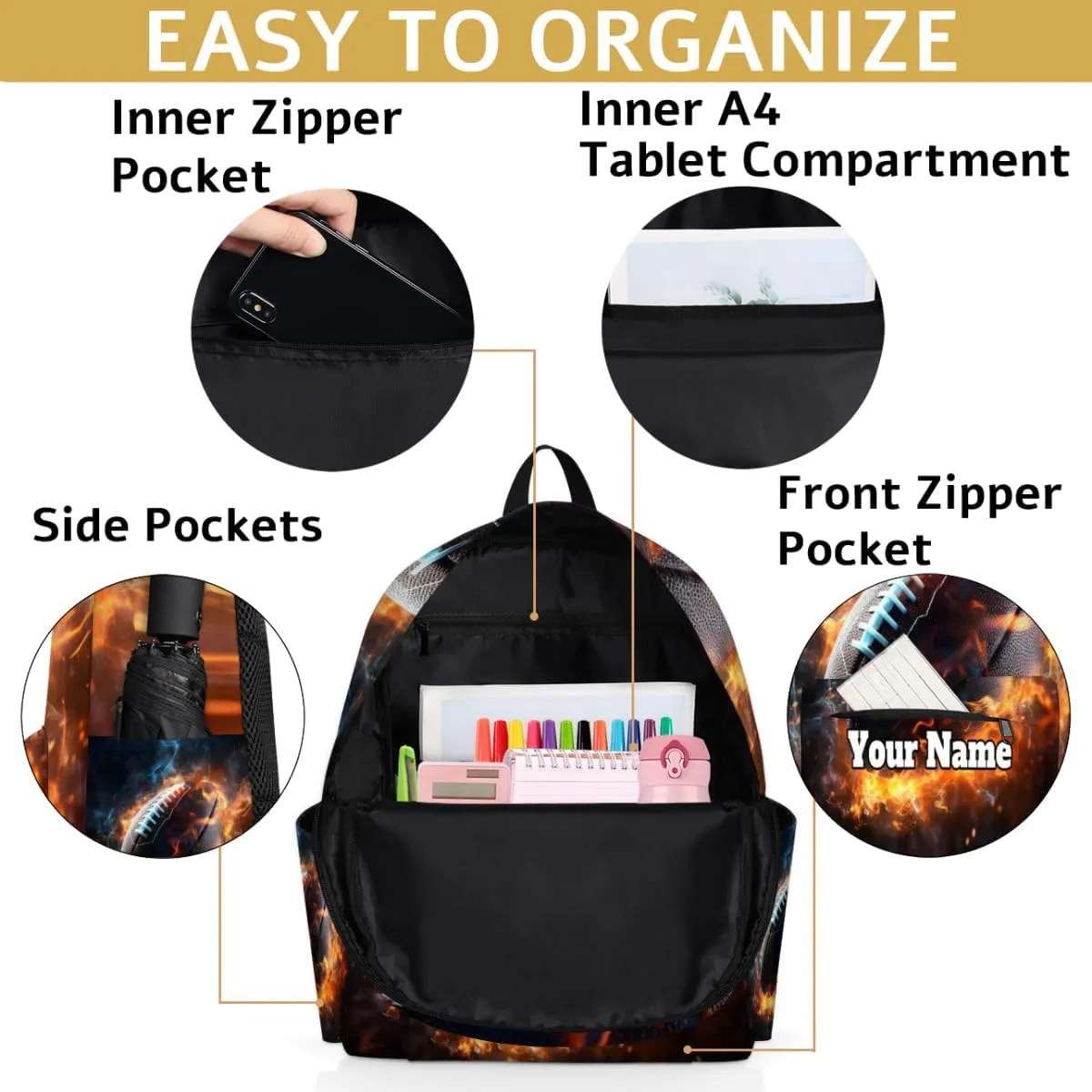 Personalized Fire Rugby Preschool Toddler Backpack for Boys Girls Custom Kids Name Small Bookbags Kindergarten Elementary Backpack, Football