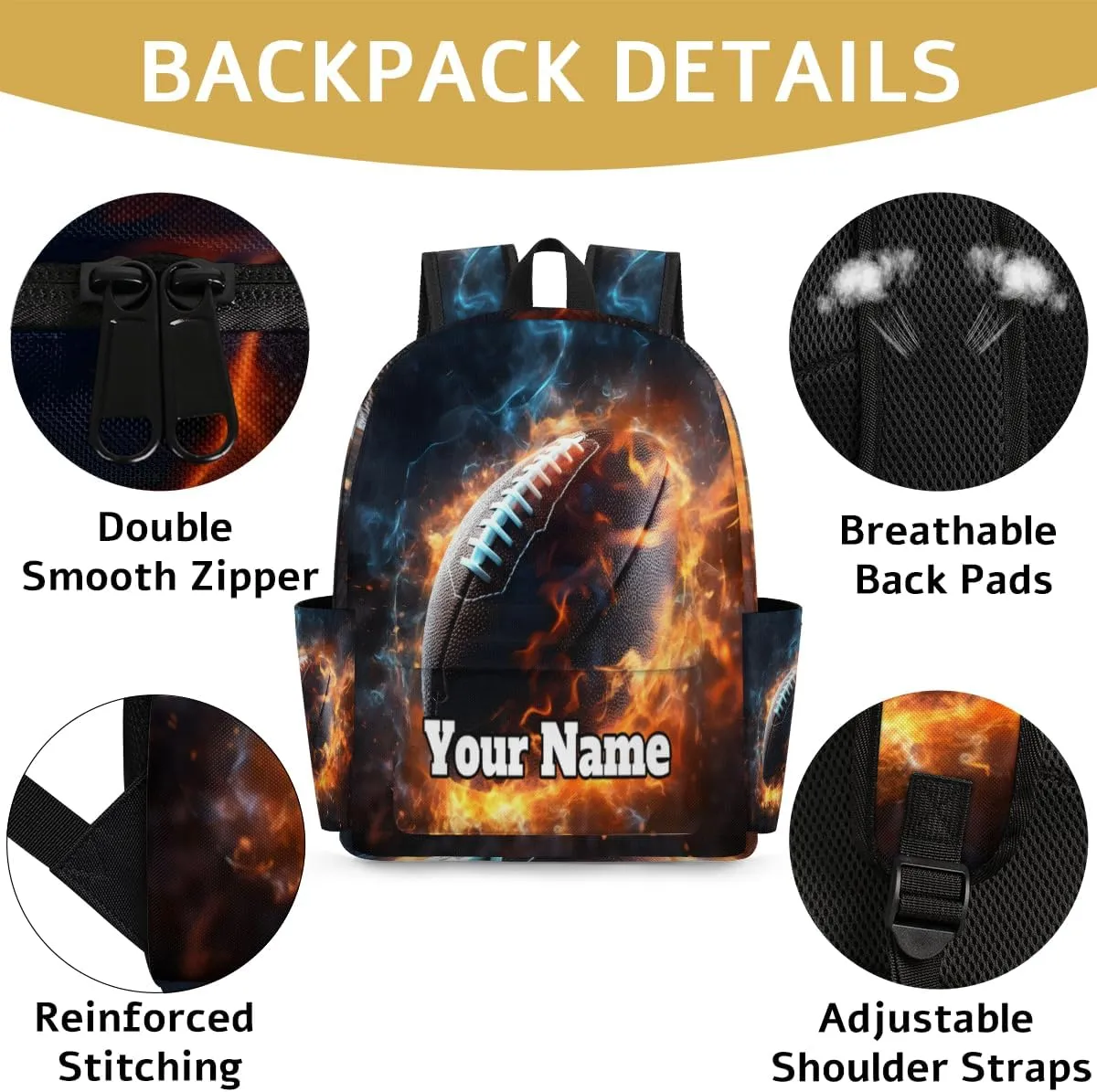 Personalized Fire Rugby Preschool Toddler Backpack for Boys Girls Custom Kids Name Small Bookbags Kindergarten Elementary Backpack, Football