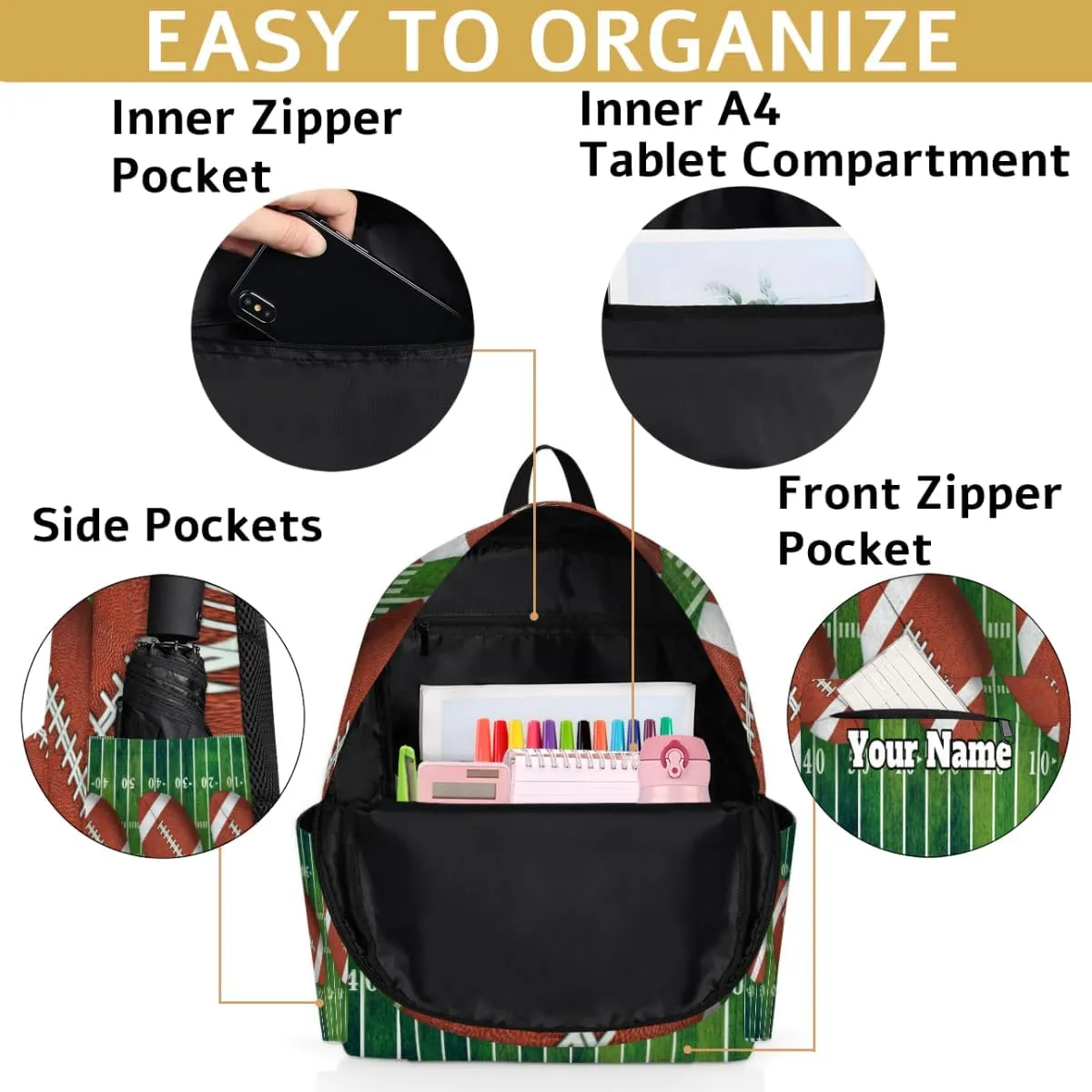 Personalized Football Preschool Toddler Backpack for Boys Girls Custom Kids Name Small Bookbags Kindergarten Elementary Backpack, Football Field