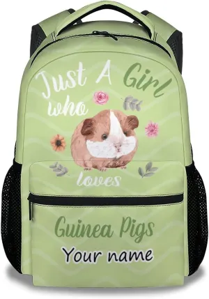 Personalized Guinea Pig Girls Backpack for School with Name, 16 Inch Green Backpacks for Kids, Cute Lightweight Durable Bookbag for Travel