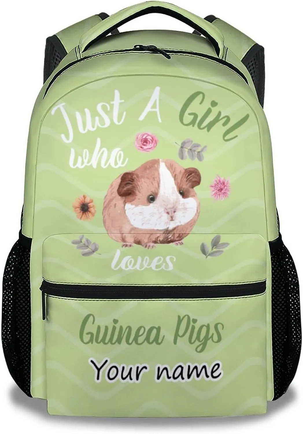 Personalized Guinea Pig Girls Backpack for School with Name, 16 Inch Green Backpacks for Kids, Cute Lightweight Durable Bookbag for Travel