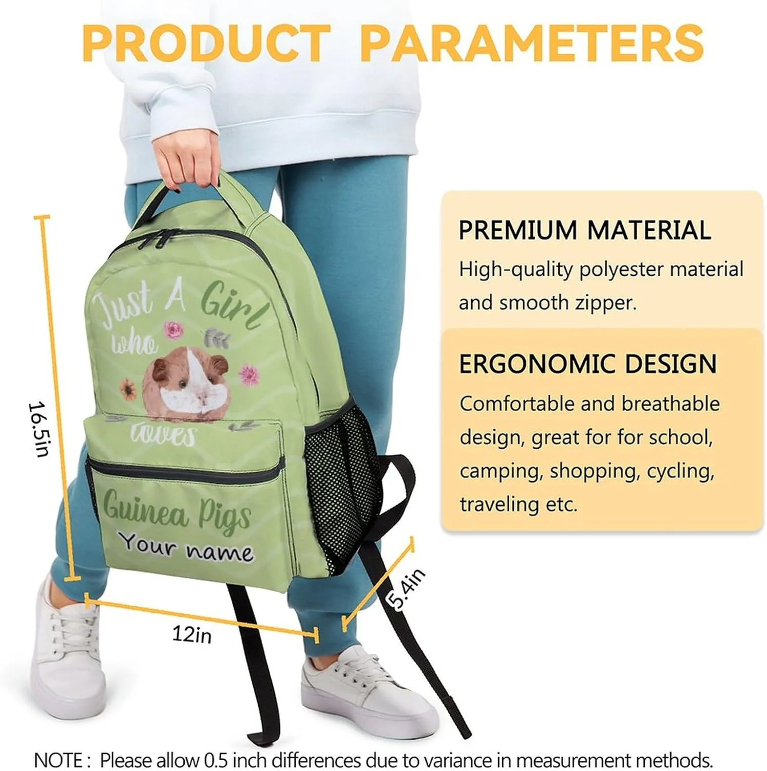 Personalized Guinea Pig Girls Backpack for School with Name, 16 Inch Green Backpacks for Kids, Cute Lightweight Durable Bookbag for Travel