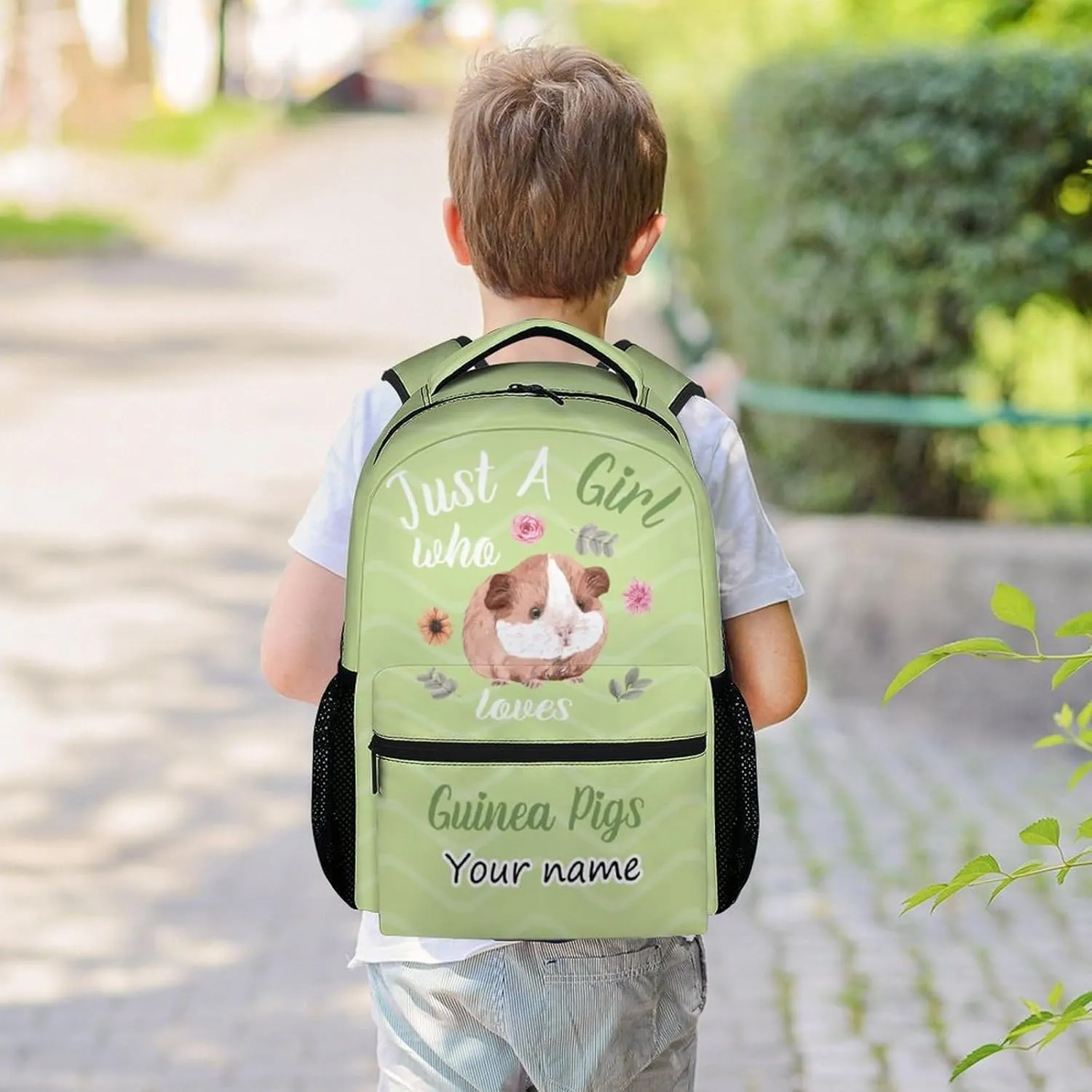 Personalized Guinea Pig Girls Backpack for School with Name, 16 Inch Green Backpacks for Kids, Cute Lightweight Durable Bookbag for Travel