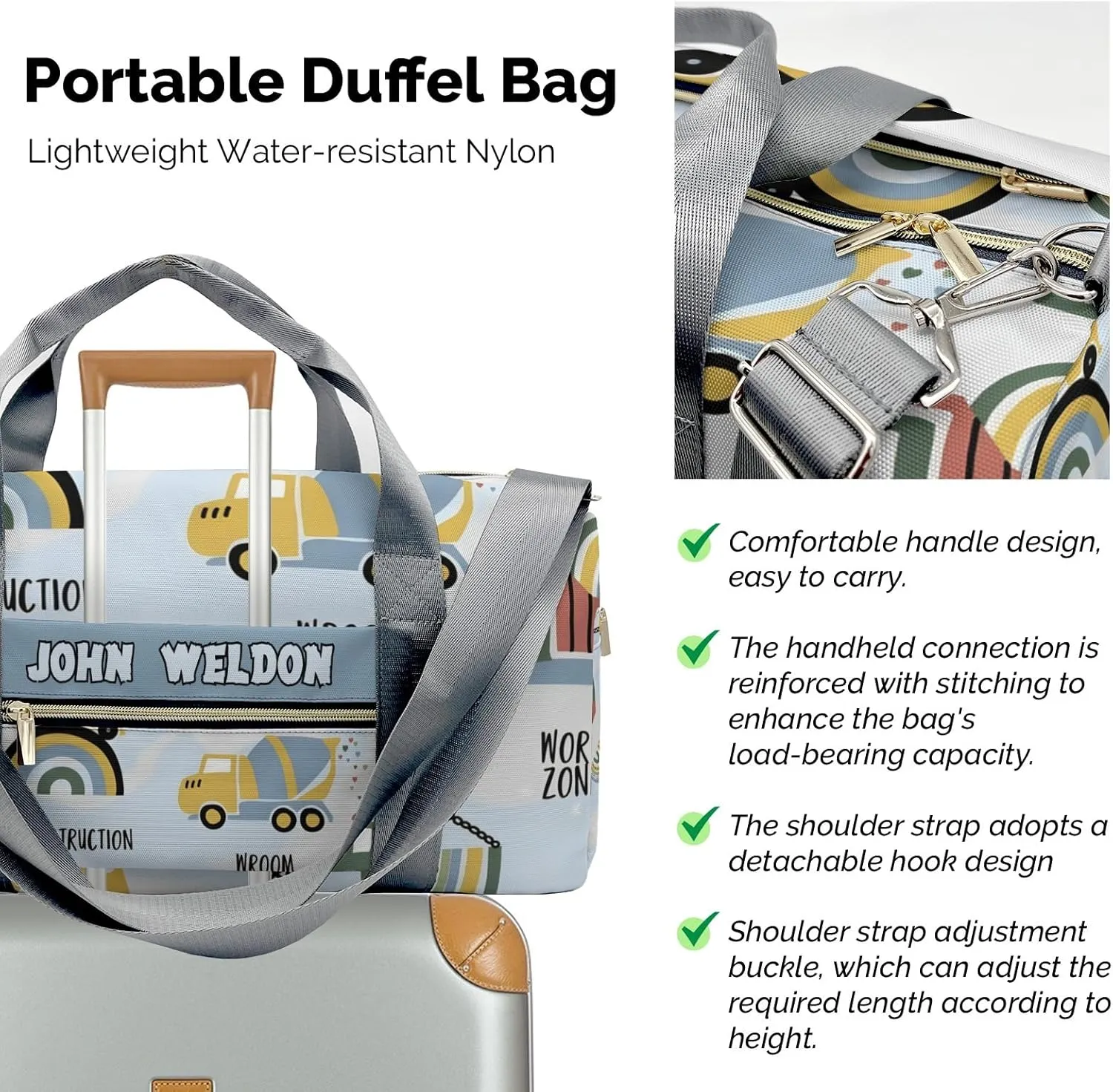 Personalized Gym Bag,Custom Name Big Trucks Wroom Sport Duffel Bag Weekender Carry On Travel Duffel Bag
