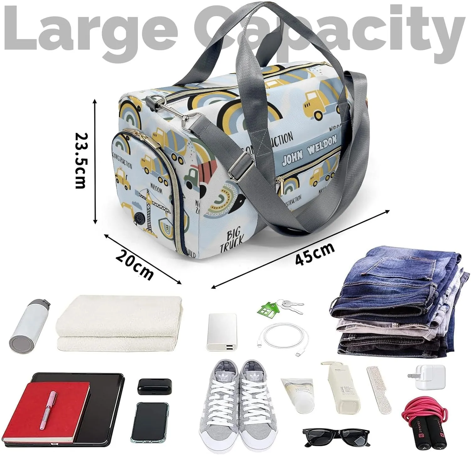Personalized Gym Bag,Custom Name Big Trucks Wroom Sport Duffel Bag Weekender Carry On Travel Duffel Bag