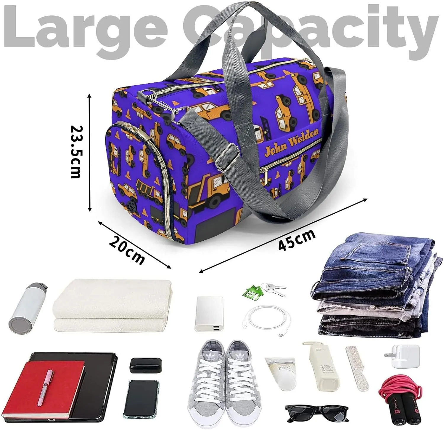Personalized Gym Bag,Custom Name Work Cars Trucks Sport Duffel Bag Weekender Carry On Travel Duffel Bag