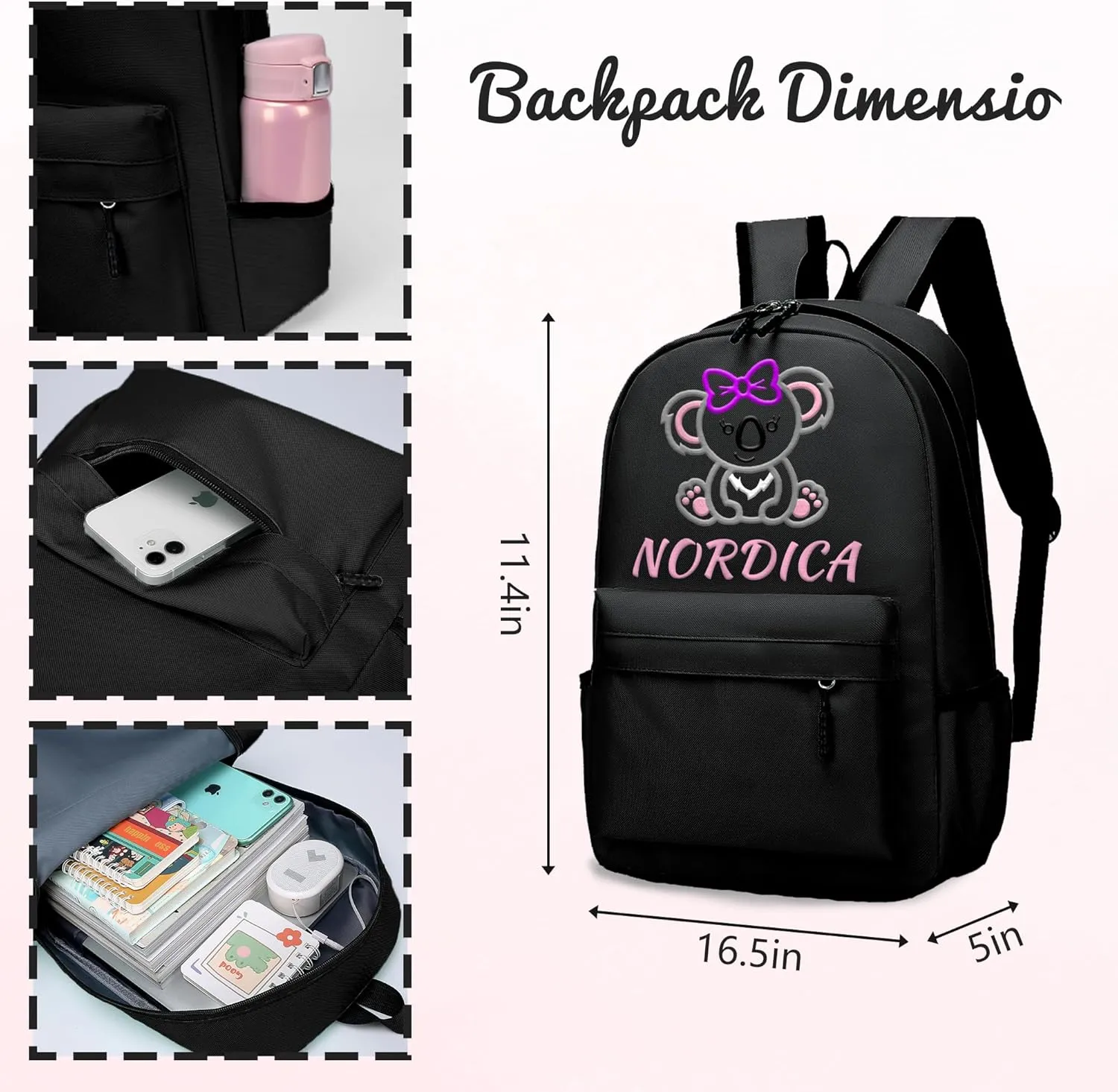 Personalized Kids Backpack for Teens Girls, Custom Name Elephant Cute Kids School Backpack with Adjustable Padded Straps, Personalized Toddler Preschool Backpack, Back to School Gift for Girls(Black)