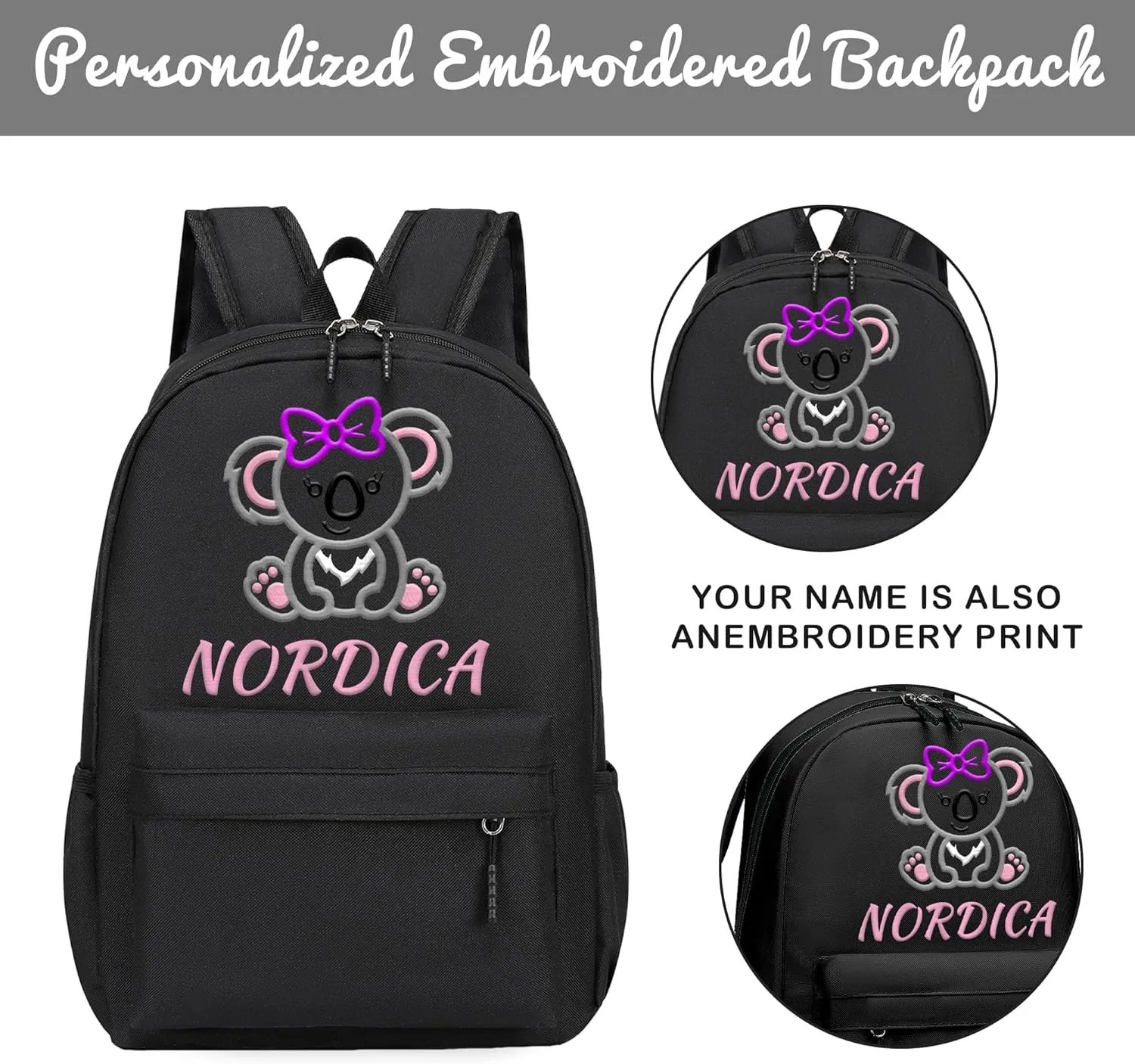 Personalized Kids Backpack for Teens Girls, Custom Name Elephant Cute Kids School Backpack with Adjustable Padded Straps, Personalized Toddler Preschool Backpack, Back to School Gift for Girls(Black)