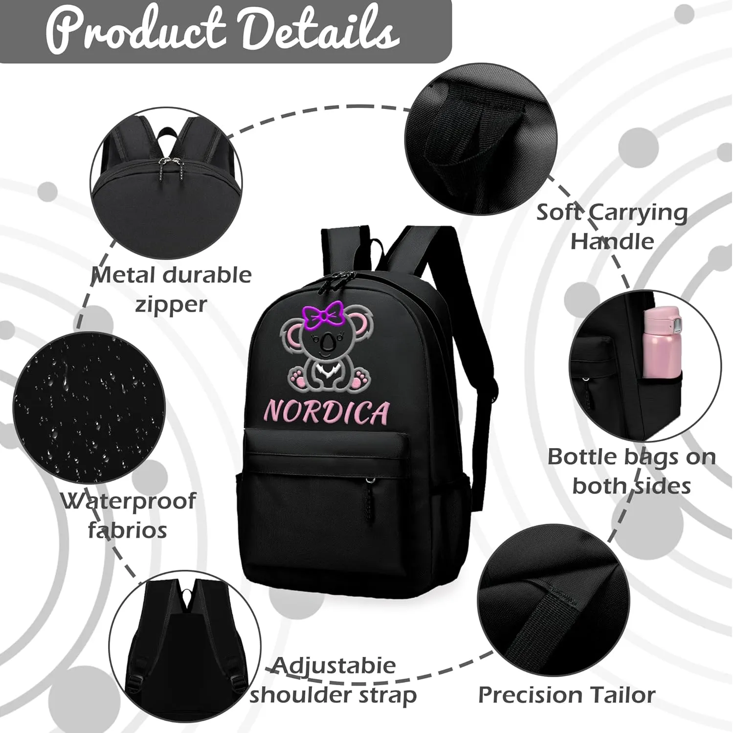 Personalized Kids Backpack for Teens Girls, Custom Name Elephant Cute Kids School Backpack with Adjustable Padded Straps, Personalized Toddler Preschool Backpack, Back to School Gift for Girls(Black)