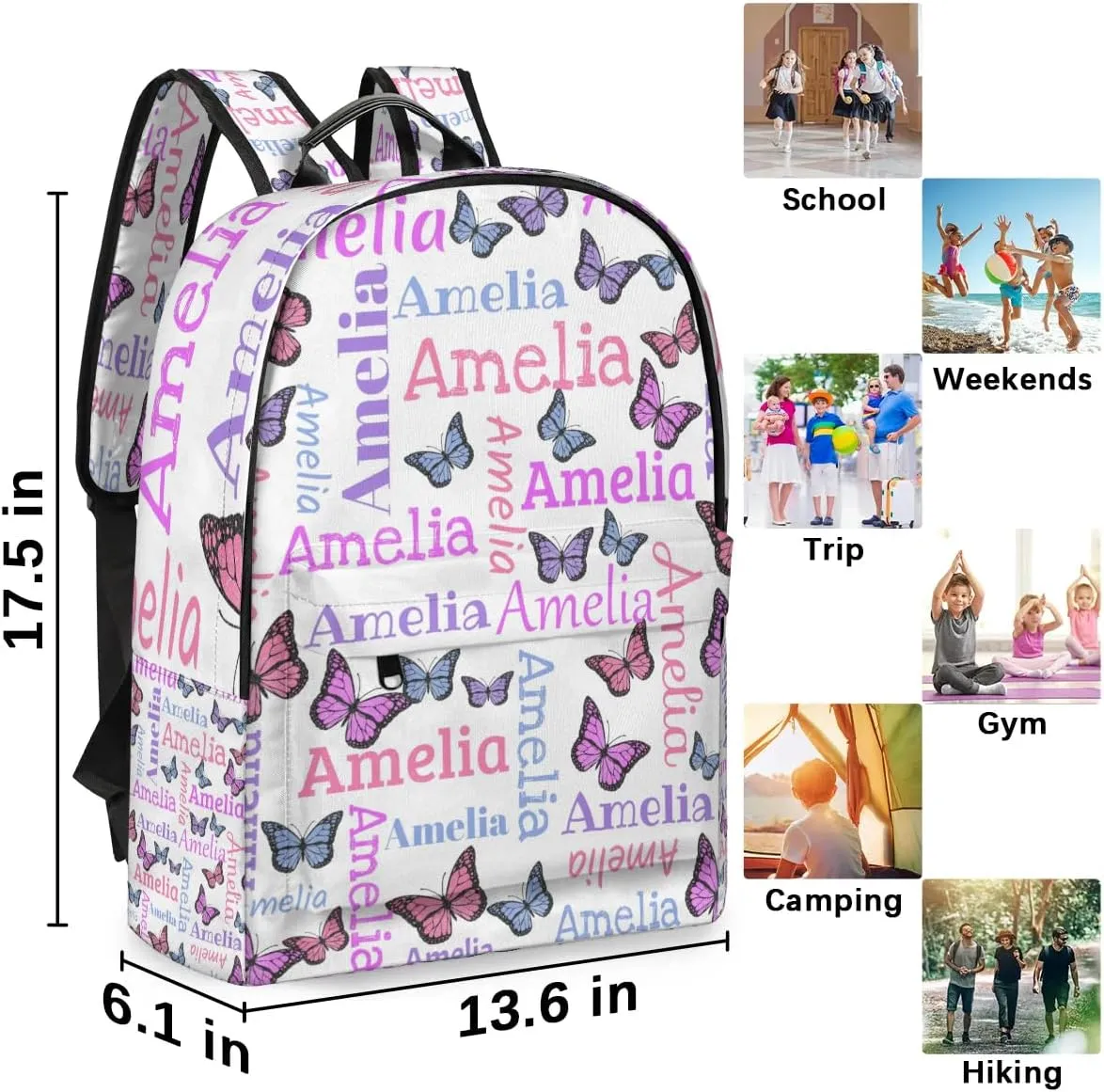 Personalized Kids Backpack School Bags for Girls, Custom Students Backpack Shoulder Bag Laptop Backpack Bookbag Gift for College School Travel Sport Butter Glitter White
