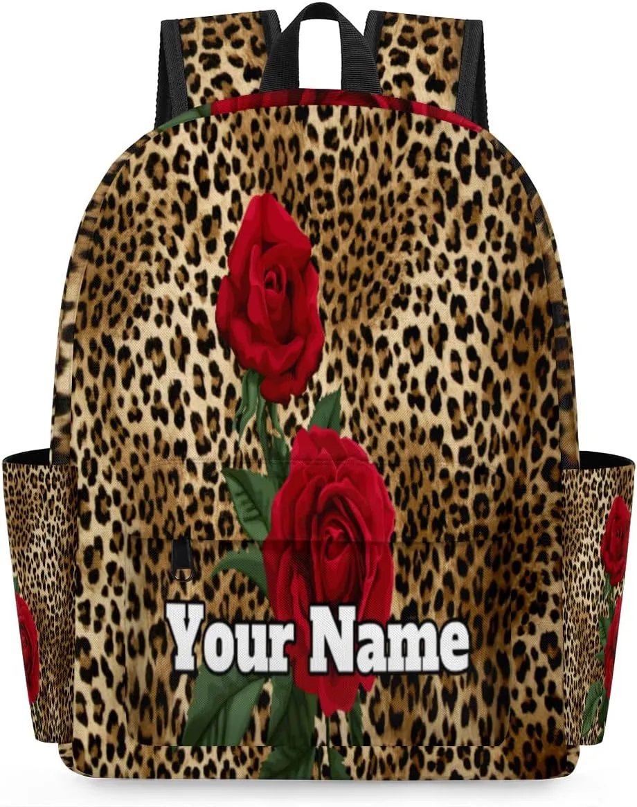 Personalized Leopard Print Preschool Toddler Backpack for Boys Girls Custom Kids Name Small Bookbags Kindergarten Elementary Backpack, Rose Flower