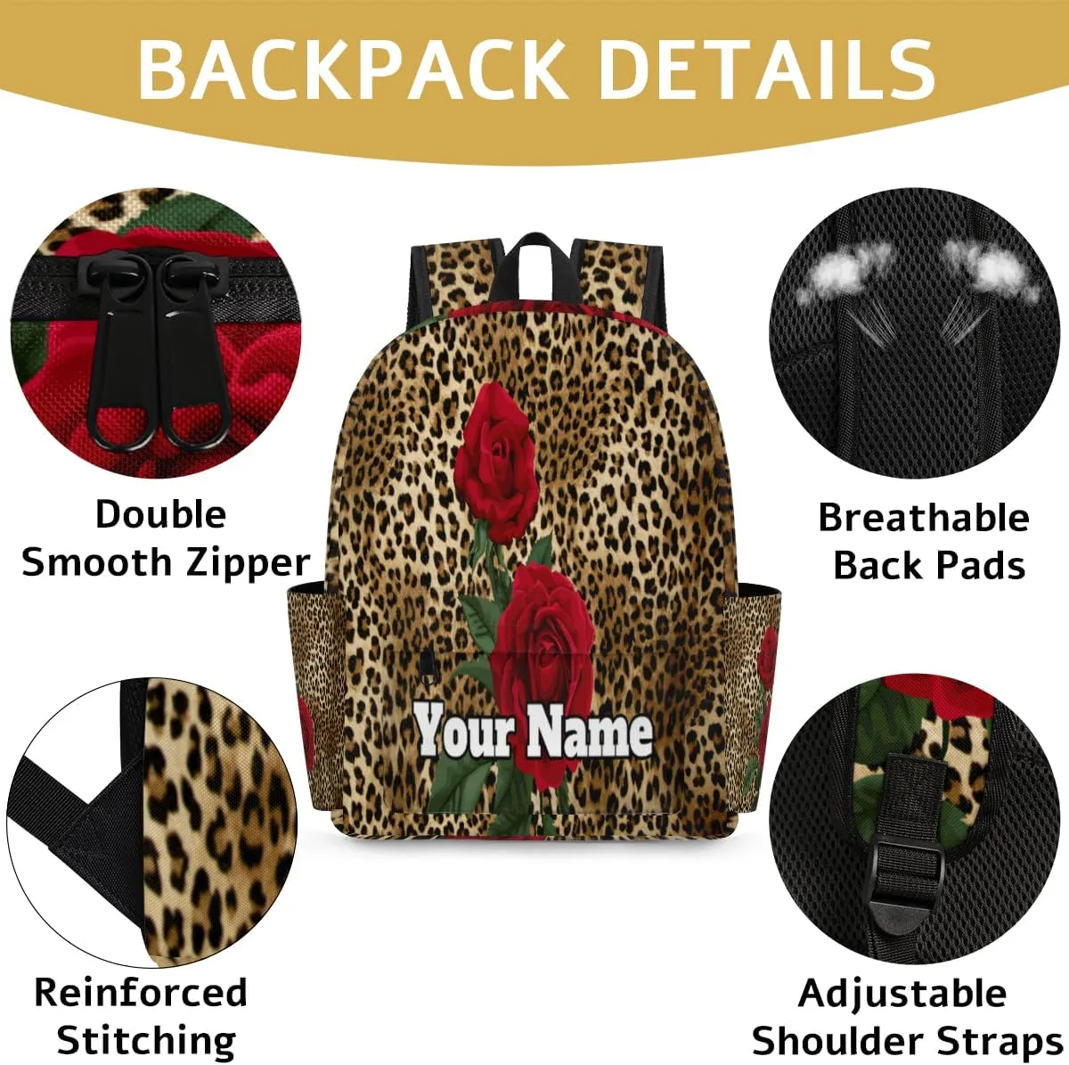 Personalized Leopard Print Preschool Toddler Backpack for Boys Girls Custom Kids Name Small Bookbags Kindergarten Elementary Backpack, Rose Flower