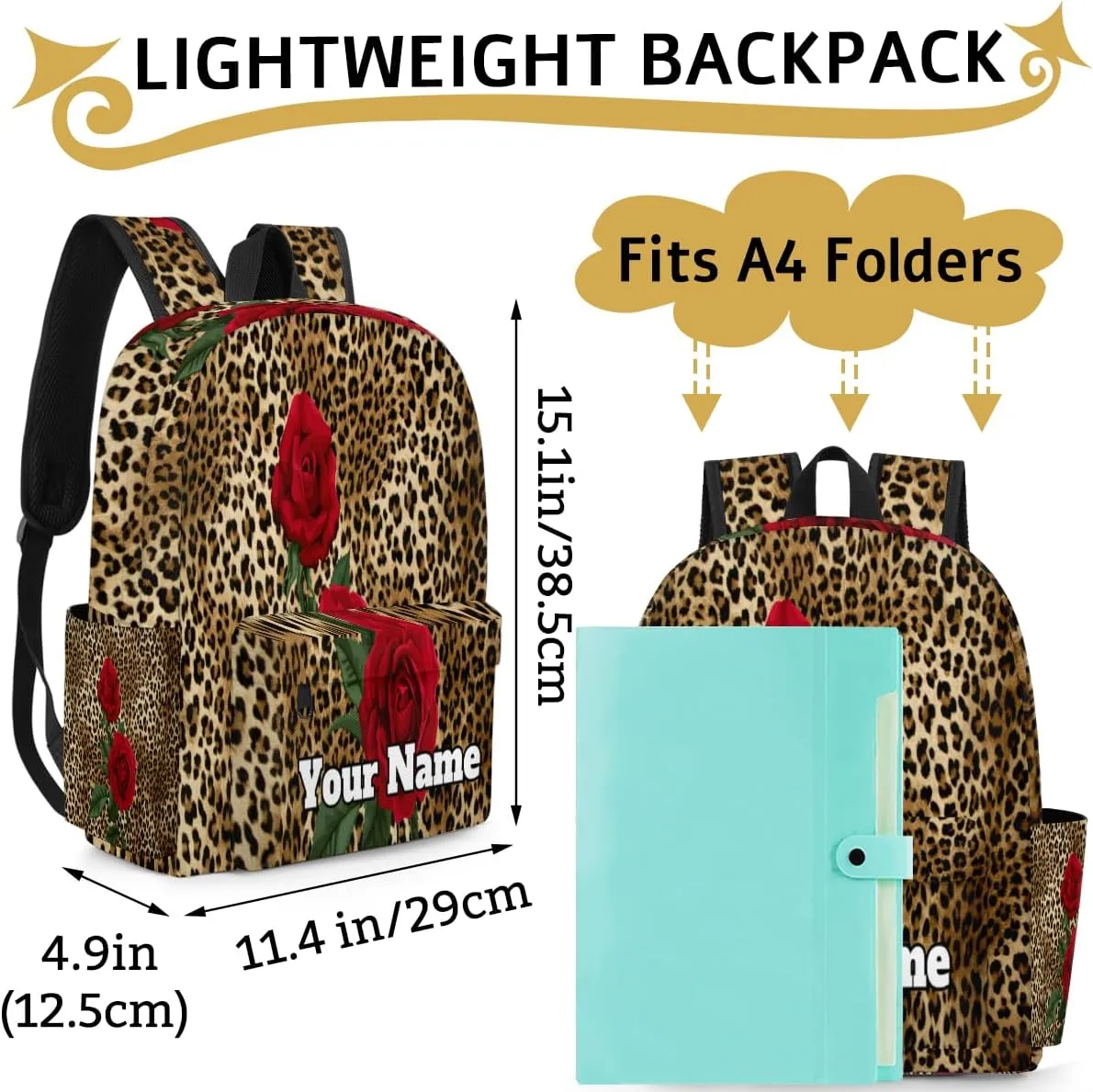 Personalized Leopard Print Preschool Toddler Backpack for Boys Girls Custom Kids Name Small Bookbags Kindergarten Elementary Backpack, Rose Flower