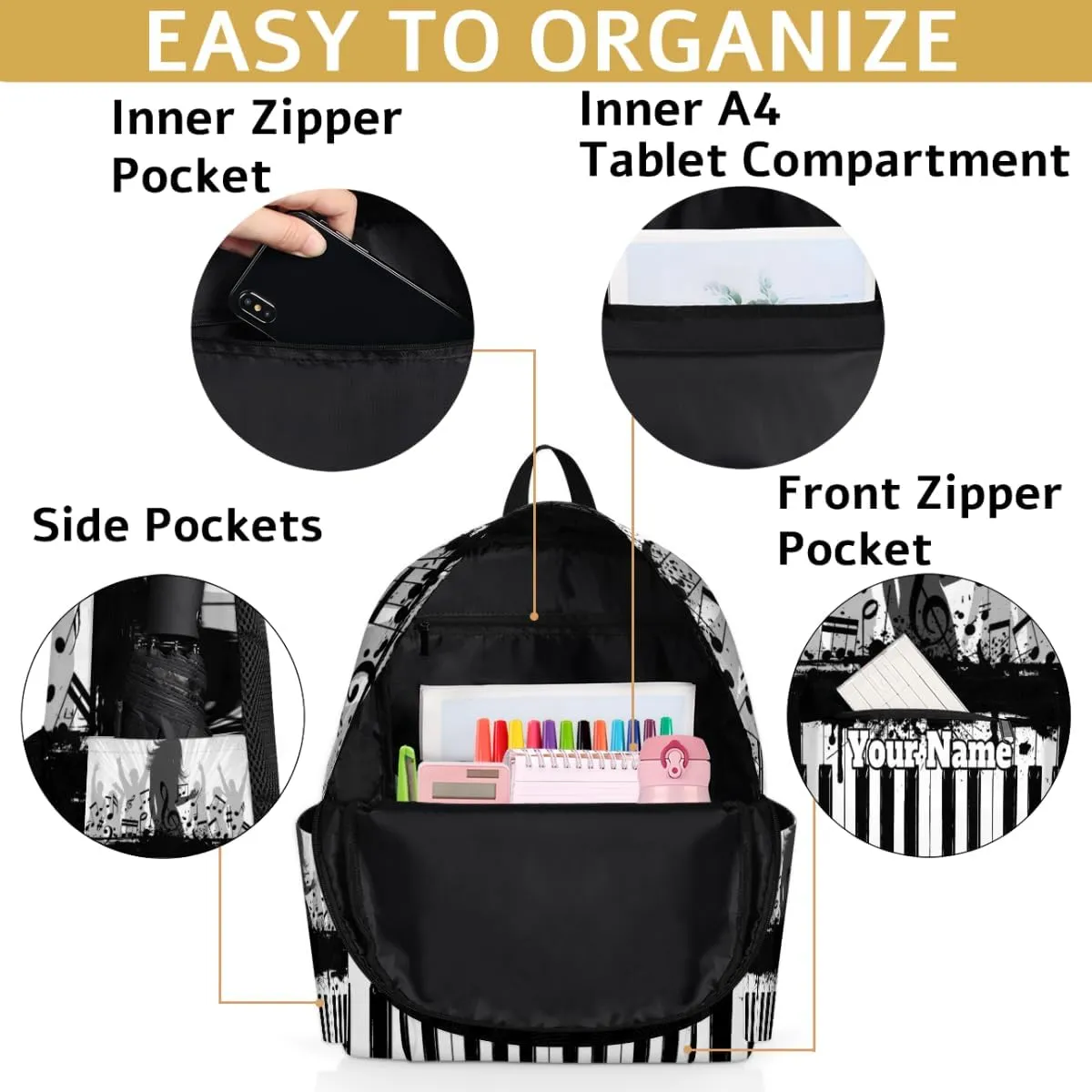 Personalized Piano Keyboard Preschool Toddler Backpack for Boys Girls Custom Kids Name Small Bookbags Kindergarten Elementary Backpack, Music