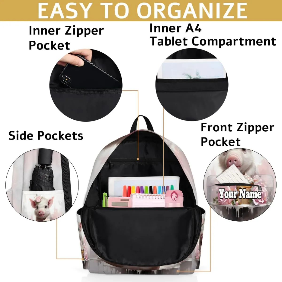 Personalized Pig Preschool Toddler Backpack for Boys Girls Custom Kids Name Small Bookbags Kindergarten Elementary Backpack, Cute Animal Pig