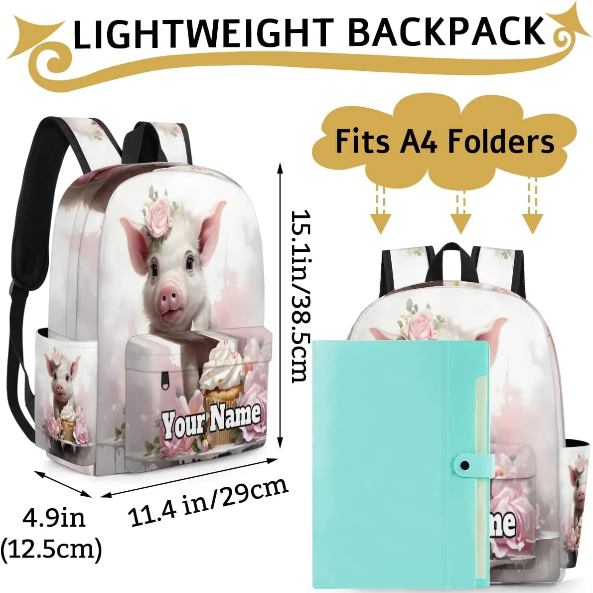 Personalized Pig Preschool Toddler Backpack for Boys Girls Custom Kids Name Small Bookbags Kindergarten Elementary Backpack, Cute Animal Pig