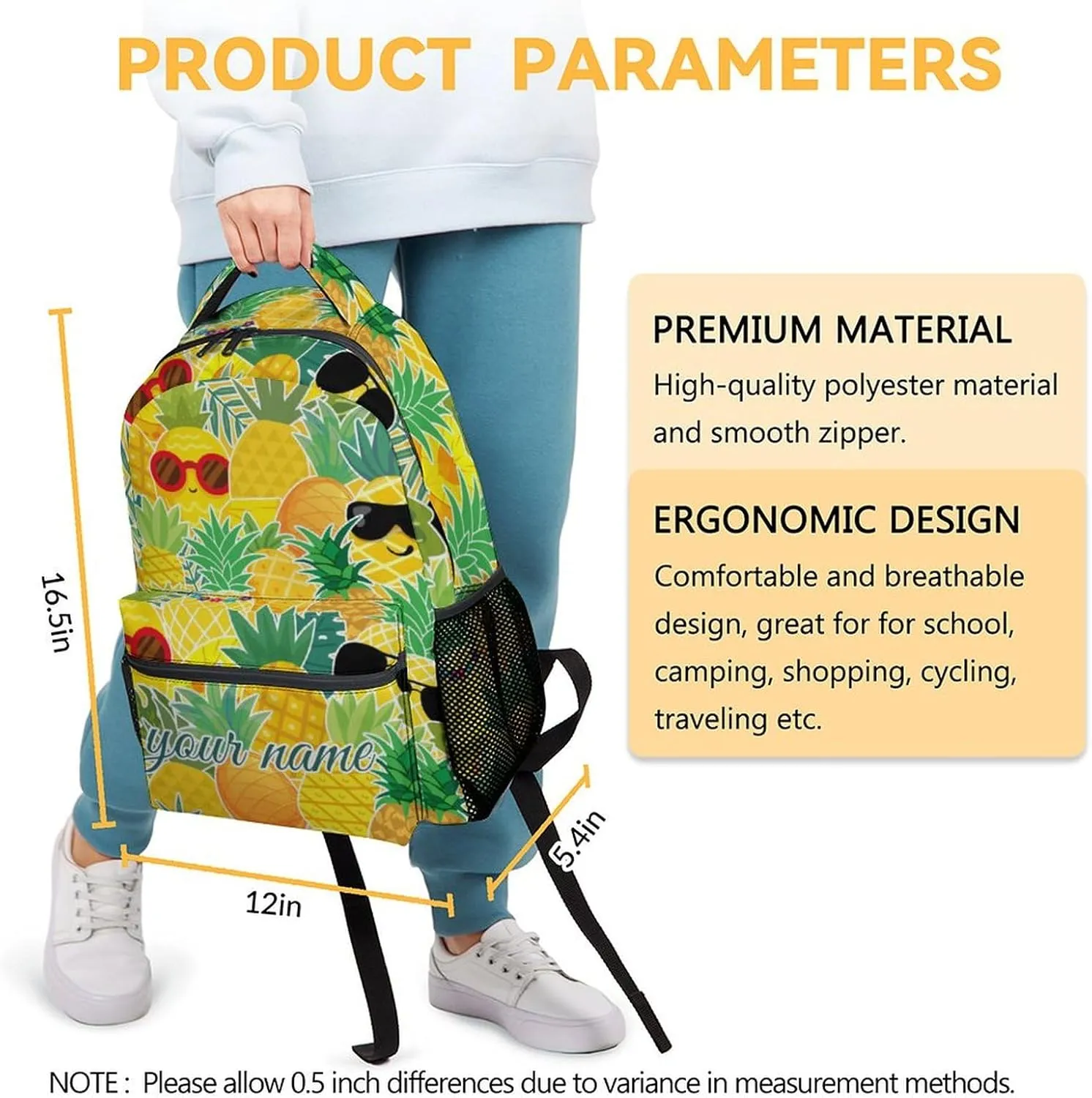 Personalized Pineapple Backpack for School Girls, 16 Inch Yellow Backpacks for Primary School, Cute Lightweight Bookbag for Teens