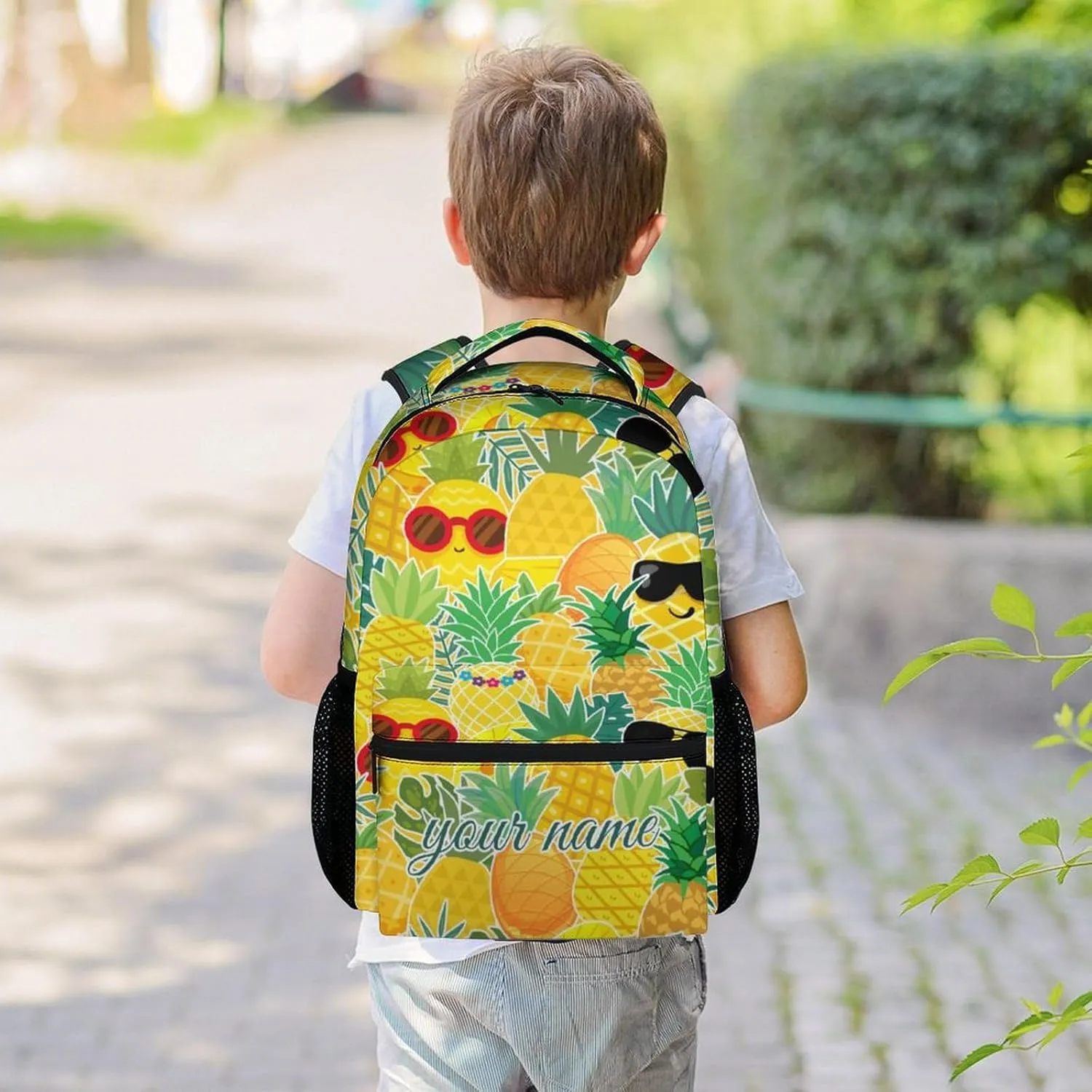 Personalized Pineapple Backpack for School Girls, 16 Inch Yellow Backpacks for Primary School, Cute Lightweight Bookbag for Teens