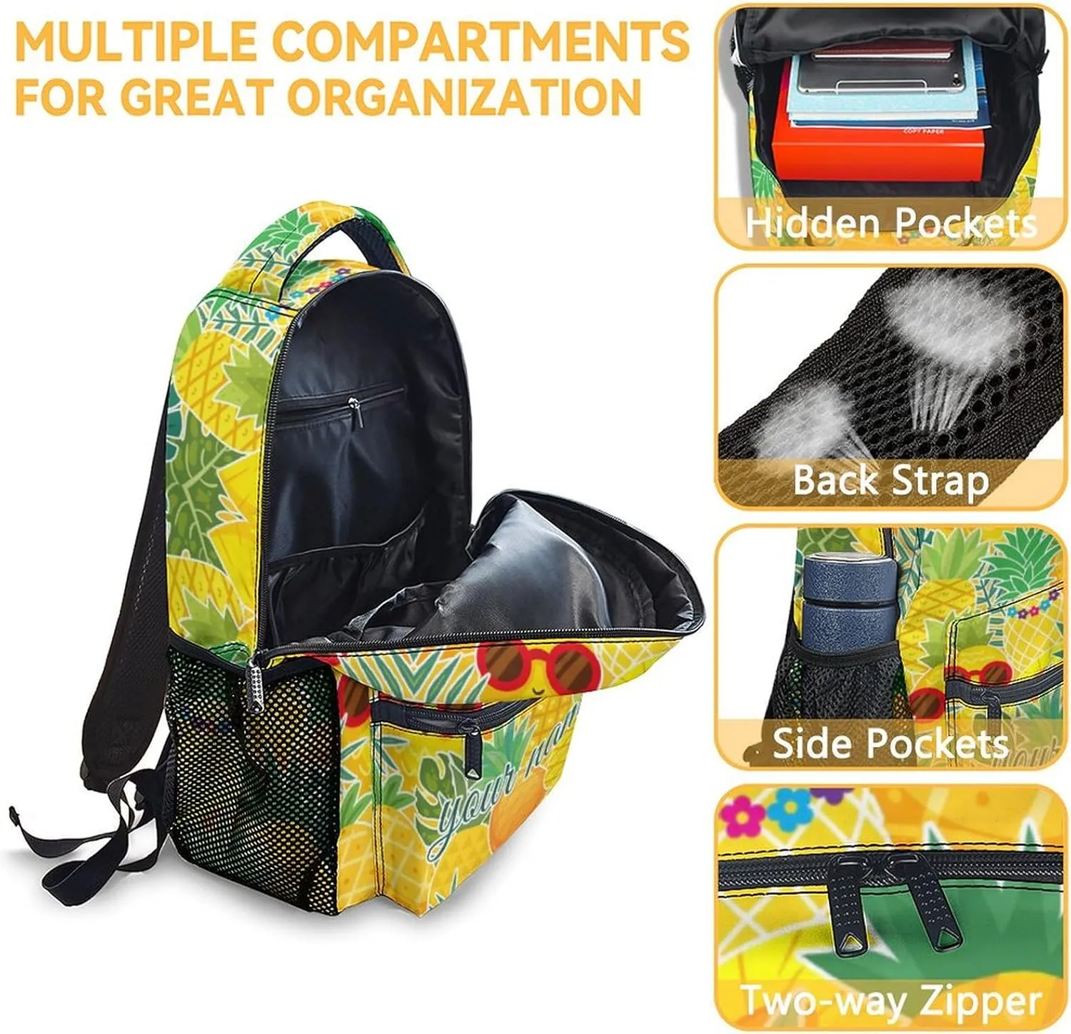 Personalized Pineapple Backpack for School Girls, 16 Inch Yellow Backpacks for Primary School, Cute Lightweight Bookbag for Teens