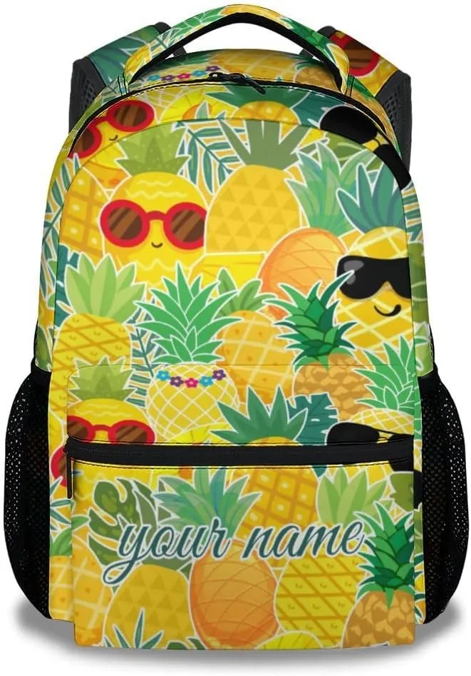 Personalized Pineapple Backpack for School Girls, 16 Inch Yellow Backpacks for Primary School, Cute Lightweight Bookbag for Teens