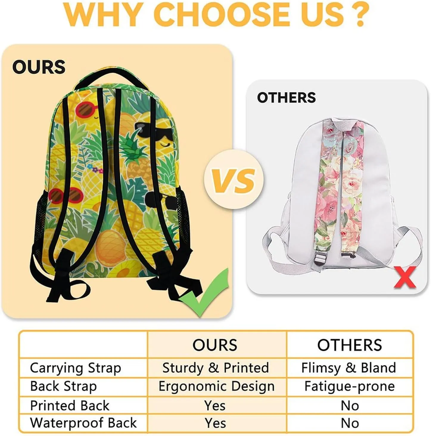 Personalized Pineapple Backpack for School Girls, 16 Inch Yellow Backpacks for Primary School, Cute Lightweight Bookbag for Teens