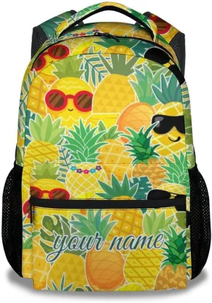 Personalized Pineapple Backpack for School Girls, 16 Inch Yellow Backpacks for Primary School, Cute Lightweight Bookbag for Teens
