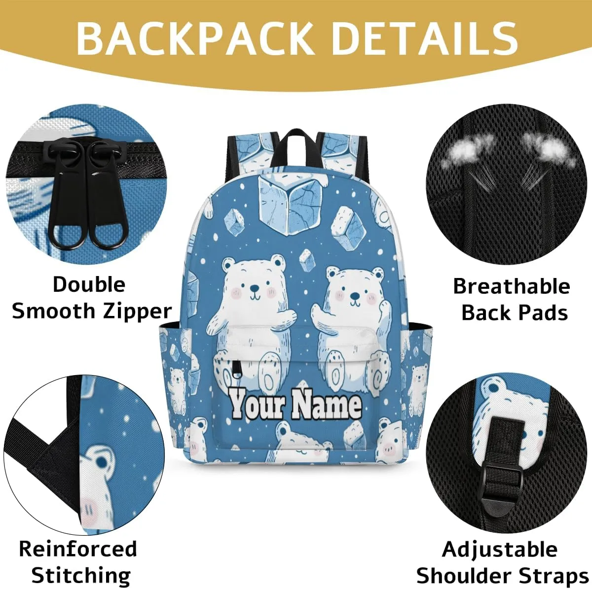 Personalized Polar Bear Preschool Toddler Backpack for Boys Girls Custom Kids Name Small Bookbags Kindergarten Elementary Backpack, Animal Polar Bear