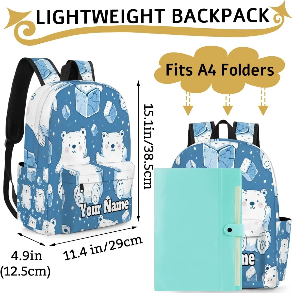 Personalized Polar Bear Preschool Toddler Backpack for Boys Girls Custom Kids Name Small Bookbags Kindergarten Elementary Backpack, Animal Polar Bear