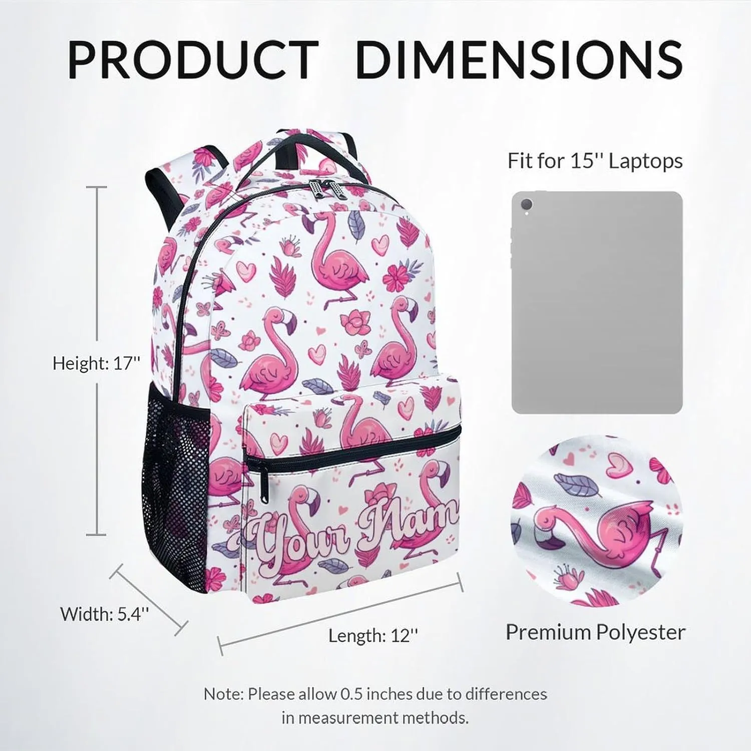 Personalized School Bag for Boys - Pink Durable Aesthetic Kid Backpack - 17 Inch Large Capacity Flamingo Bookbag for School, Travel and Camp