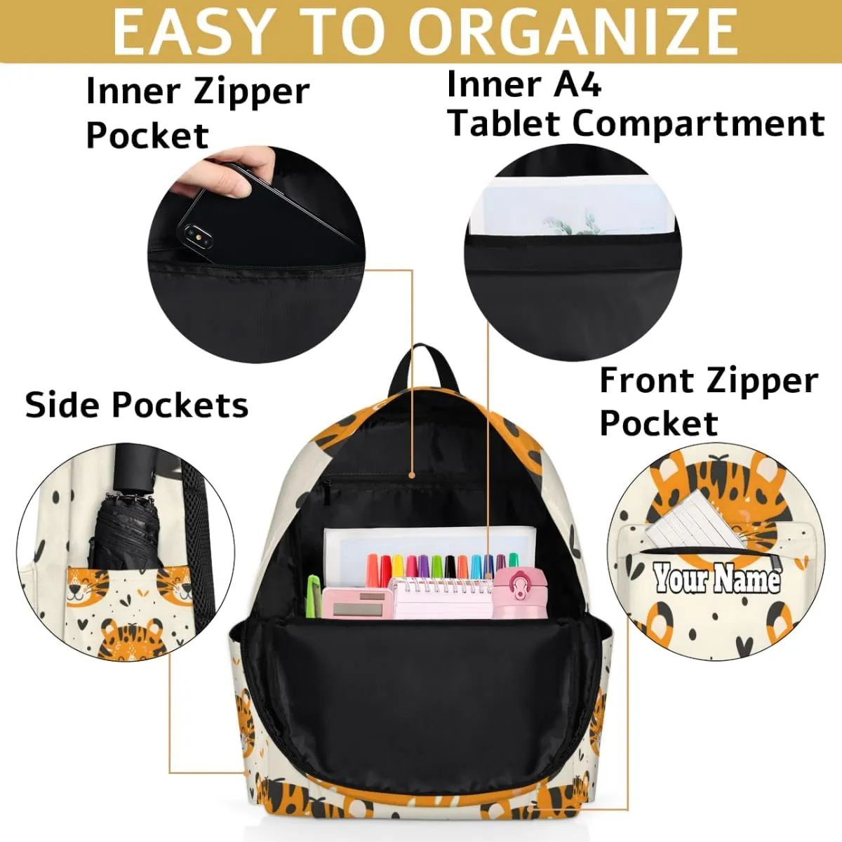 Personalized Tigers Animal Preschool Toddler Backpack for Boys Girls Custom Kids Name Small Bookbags Kindergarten Elementary Backpack, Tigers