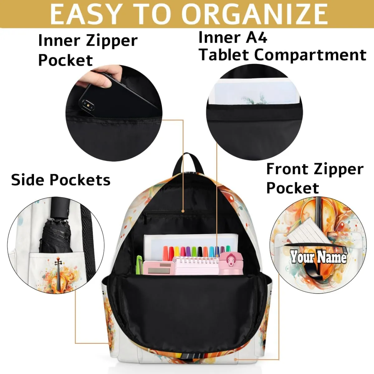 Personalized Violin Preschool Toddler Backpack for Boys Girls Custom Kids Name Small Bookbags Kindergarten Elementary Backpack, Violin Music