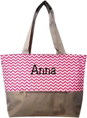 Personalized with Name XL Beach Tote Chevron Print Weekender Bag with Outer Zippered Pocket
