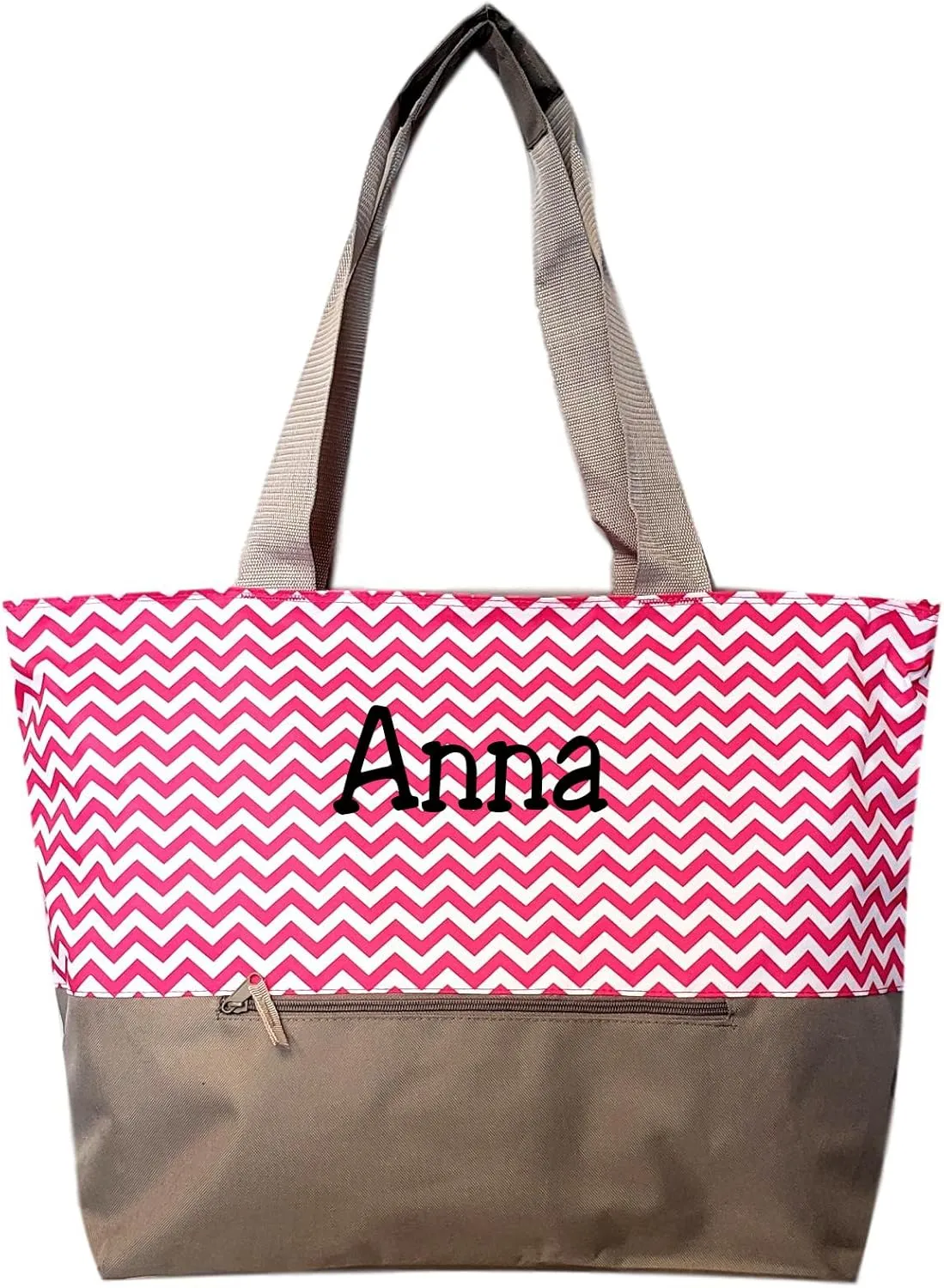 Personalized with Name XL Beach Tote Chevron Print Weekender Bag with Outer Zippered Pocket