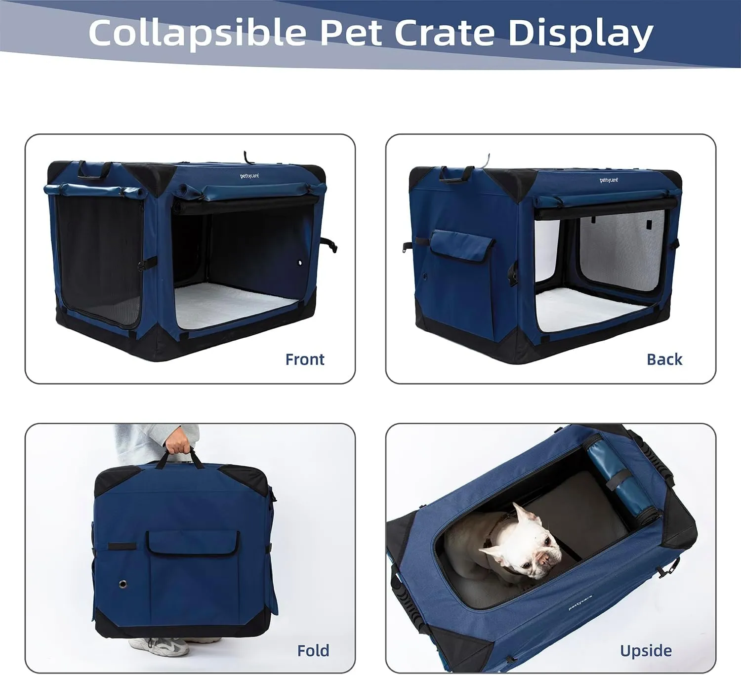 Pettycare 42 Inch Collapsible Dog Crate with Curtains Travel Dog Crate for Airflow and Calm Soft Pet Kennel with Portable Bag and More Chew Proof Mesh Indoor & Outdoor Navy Blue 4 Door Curtains