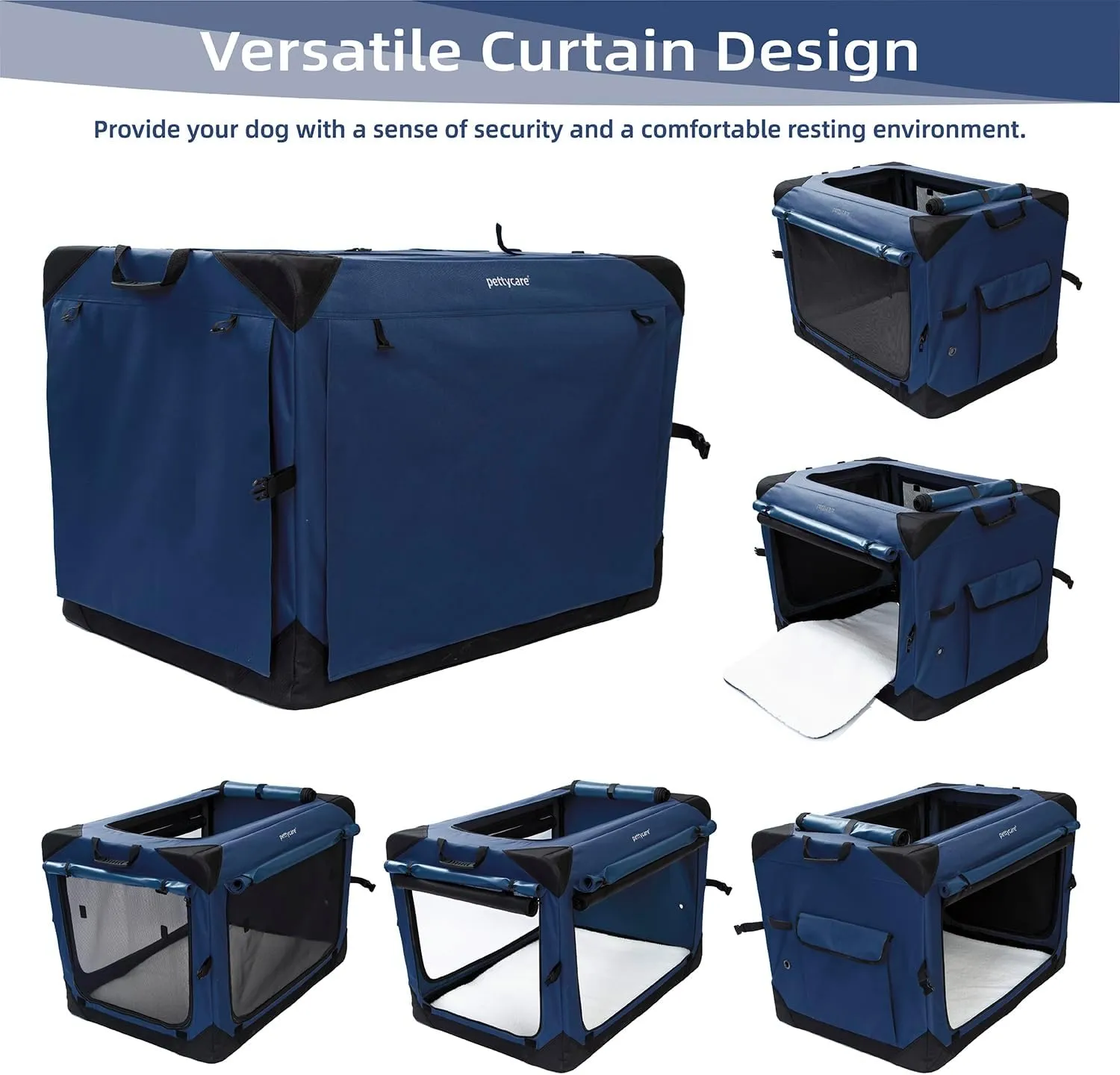 Pettycare 42 Inch Collapsible Dog Crate with Curtains Travel Dog Crate for Airflow and Calm Soft Pet Kennel with Portable Bag and More Chew Proof Mesh Indoor & Outdoor Navy Blue 4 Door Curtains
