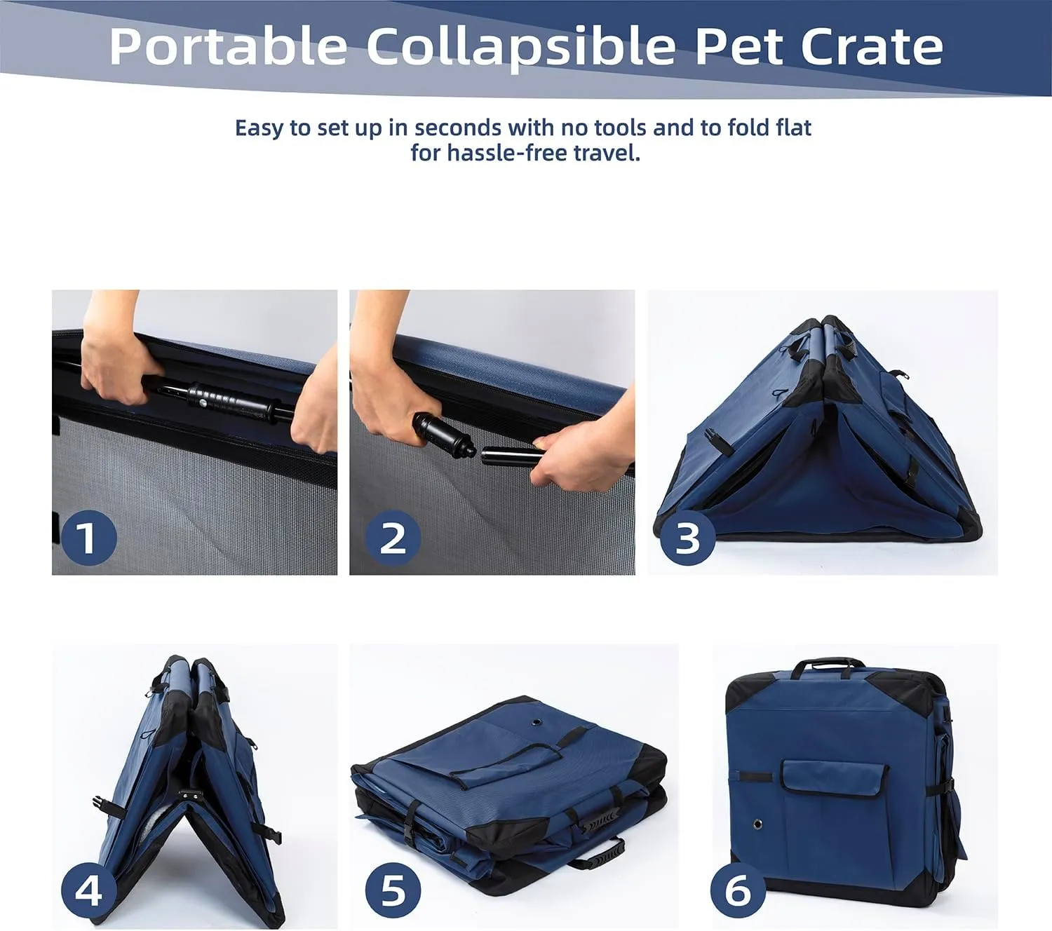 Pettycare 42 Inch Collapsible Dog Crate with Curtains Travel Dog Crate for Airflow and Calm Soft Pet Kennel with Portable Bag and More Chew Proof Mesh Indoor & Outdoor Navy Blue 4 Door Curtains