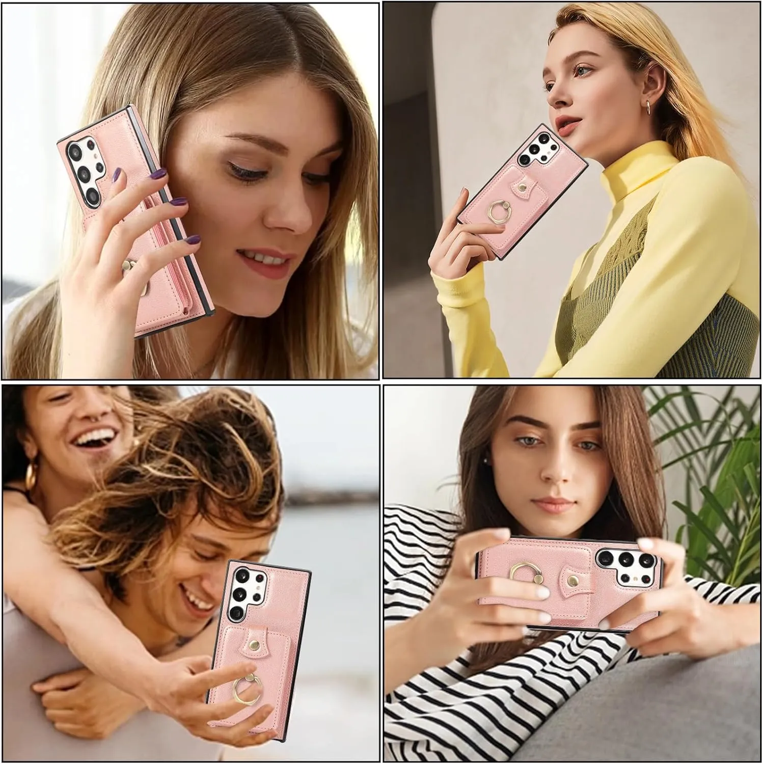 Phone Case for Samsung Galaxy S25 Ultra 5G Wallet Cover Protector with Crossbody Wrist Strap Ring RFID Blocking Card Holder Cell otterbox S25Ultra Women Rose Gold