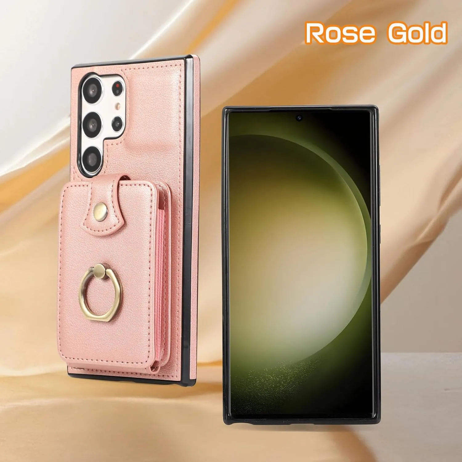 Phone Case for Samsung Galaxy S25 Ultra 5G Wallet Cover Protector with Crossbody Wrist Strap Ring RFID Blocking Card Holder Cell otterbox S25Ultra Women Rose Gold