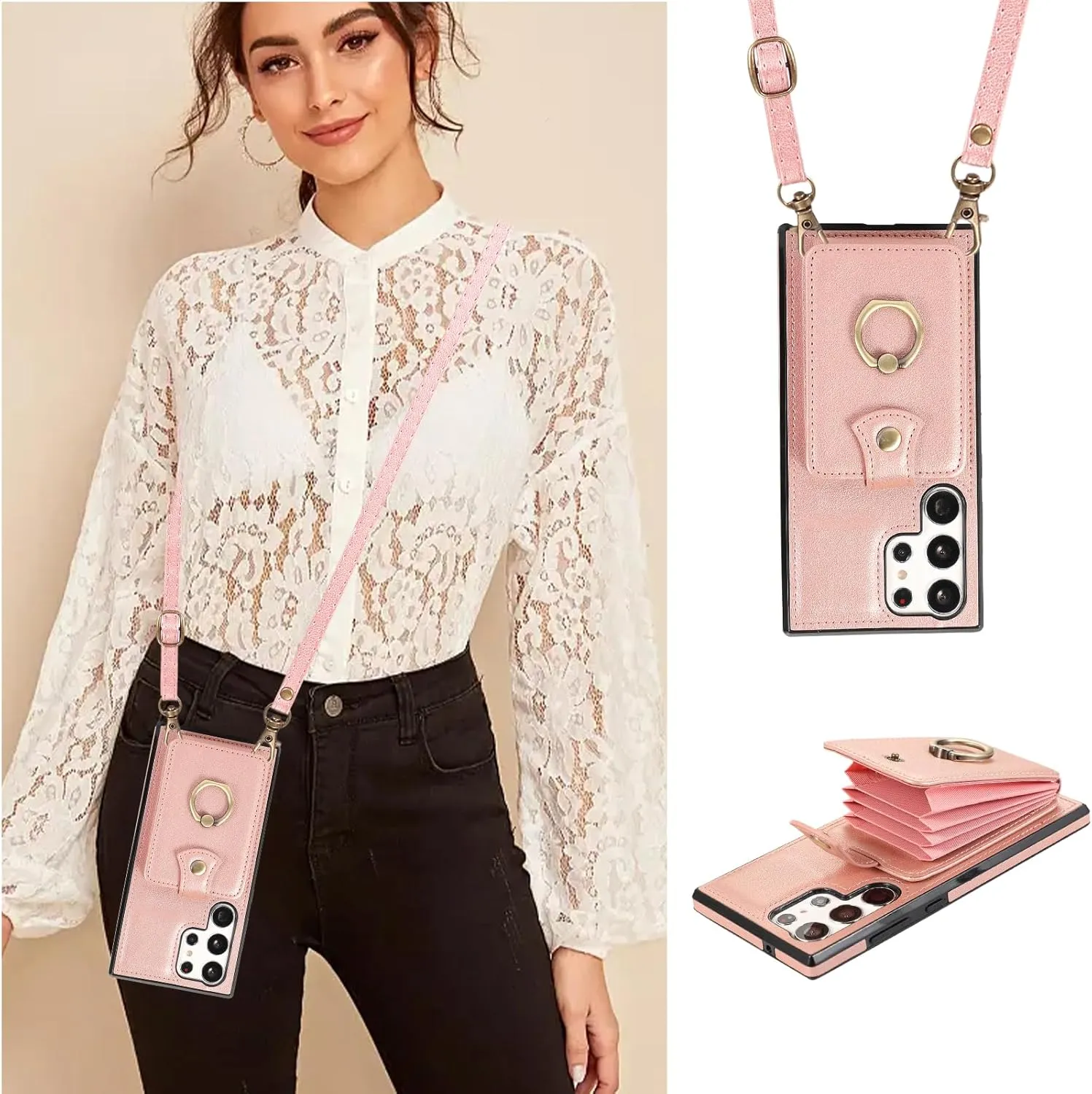 Phone Case for Samsung Galaxy S25 Ultra 5G Wallet Cover Protector with Crossbody Wrist Strap Ring RFID Blocking Card Holder Cell otterbox S25Ultra Women Rose Gold