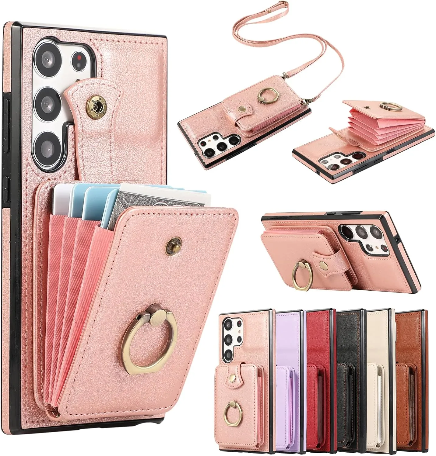Phone Case for Samsung Galaxy S25 Ultra 5G Wallet Cover Protector with Crossbody Wrist Strap Ring RFID Blocking Card Holder Cell otterbox S25Ultra Women Rose Gold